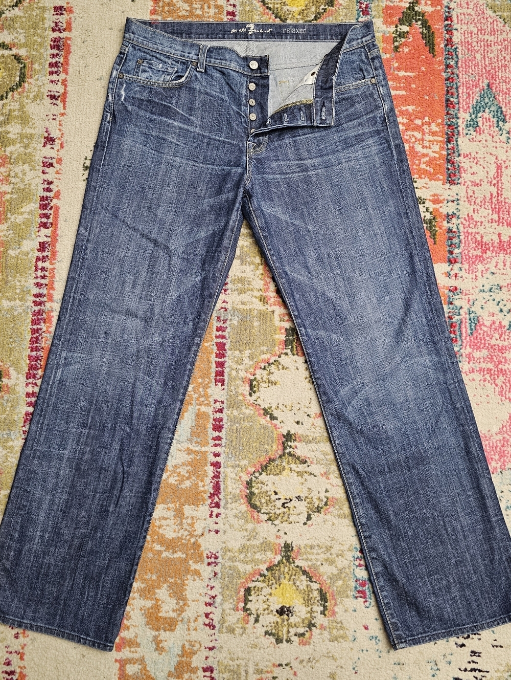 7 For All Mankind Button Fly Jeans Mens Size 36x33 Blue Denim Straight Leg 7FAMK